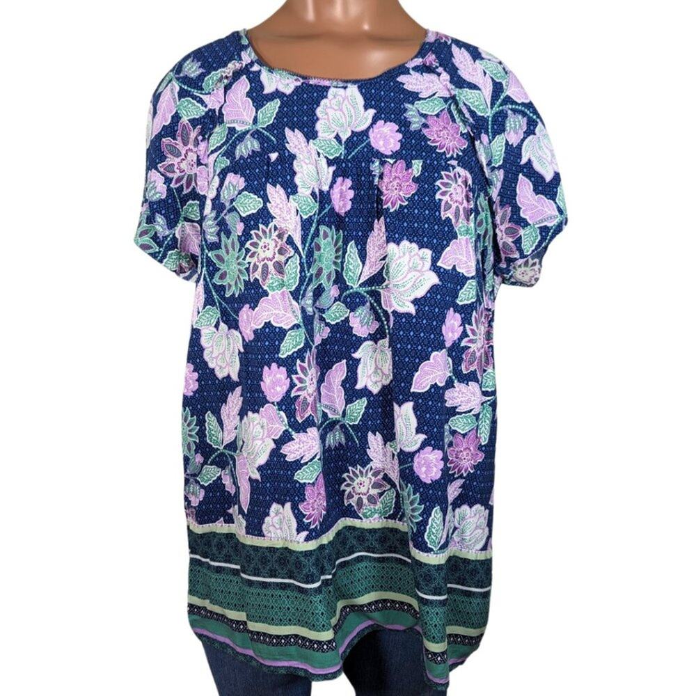 St Johns Bay Large Blue Floral Short Sleeve Light Weight Boho Blouse